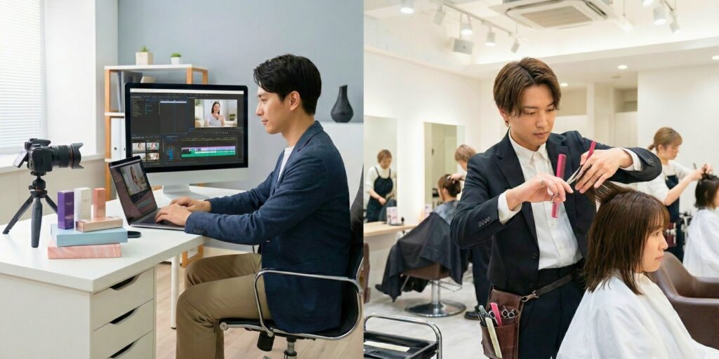 A split-screen photograph comparing a beauty content creator working at a computer desk with beauty products, representing non-licensed jobs, and a licensed cosmetologist cutting a client's hair in a professional salon.