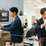 A split-screen photograph comparing a beauty content creator working at a computer desk with beauty products, representing non-licensed jobs, and a licensed cosmetologist cutting a client's hair in a professional salon.
