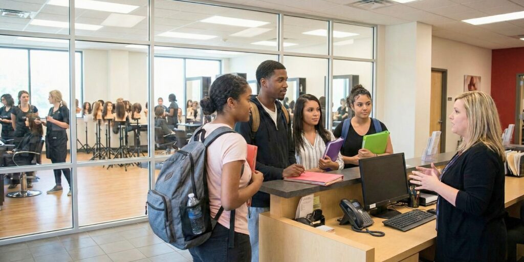 A diverse group of prospective students holding folders speak with an admissions representative at a beauty school front desk, with a cosmetology training floor visible through glass windows in the background.