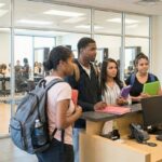 A diverse group of prospective students holding folders speak with an admissions representative at a beauty school front desk, with a cosmetology training floor visible through glass windows in the background.