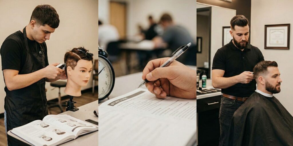 A three part collage showing a barber student practicing on a mannequin, a close up of a study guide for the state board exam for barbering, and a professional barber finishing a clean haircut in a shop.