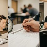 A three part collage showing a barber student practicing on a mannequin, a close up of a study guide for the state board exam for barbering, and a professional barber finishing a clean haircut in a shop.