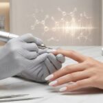 A manicurist in a white uniform and grey gloves using an electric nail file on a client's hand in a professional salon. The background includes blurred cosmetic products and a holographic display of a chemical molecular structure.