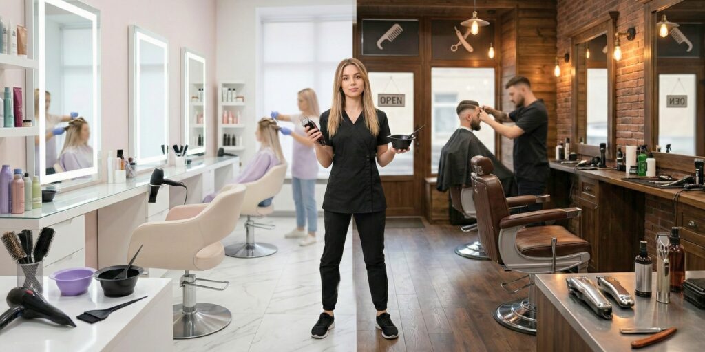 A professional beauty student stands thoughtfully at a crossroads, with one side showing a modern white hair salon and the other a rustic brick barbershop, while she holds clippers and a color mixing bowl.