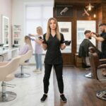 A professional beauty student stands thoughtfully at a crossroads, with one side showing a modern white hair salon and the other a rustic brick barbershop, while she holds clippers and a color mixing bowl.