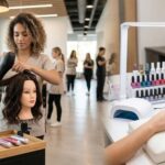 A high-resolution, wide-angle image contrasting two beauty school activities: a focused cosmetology student with curly hair using a blow dryer and brush to style a mannequin head's dark wavy hair on the left, and a precise nail technician meticulously applying detailed gel nail art to a client's fingernails with a fine brush in a clean nail studio on the right. Both scenes show professional tools and a clean training environment.