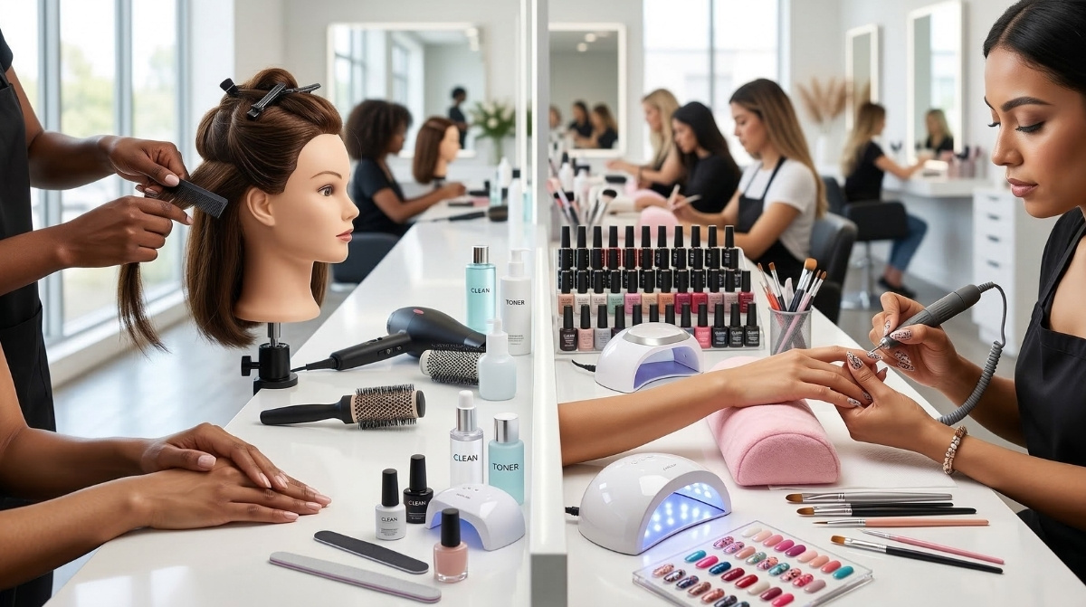 A professional side-by-side comparison of a cosmetology workstation with hair styling tools and a specialized nail technology station where a technician performs a manicure in a bright, modern beauty school setting.