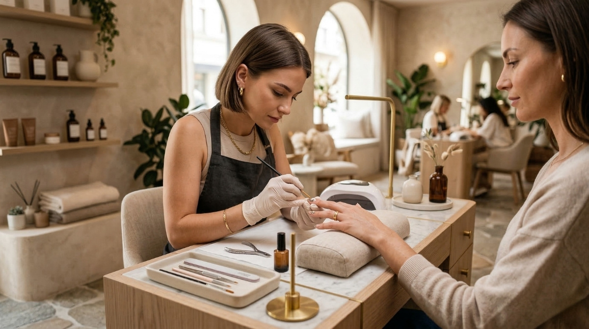 A professional nail technician performing detailed manicure artistry in a premium minimalist studio featuring upscale boutique decor, marble workstations, and soft luxury lighting.