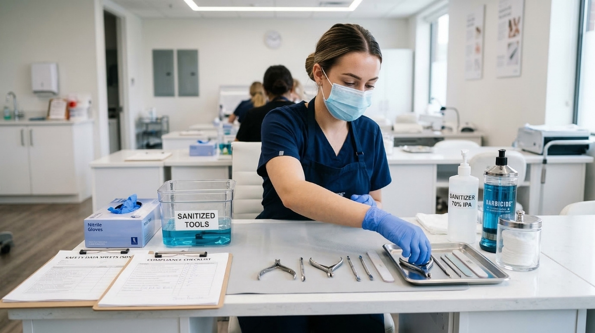A professional nail technician student wearing a face mask and blue nitrile gloves organizing sanitized tools at a clean salon workstation featuring safety data sheets and disinfectant containers.