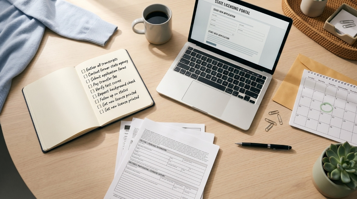 Overhead view of a wooden table with a laptop showing a licensing portal, a handwritten checklist, application forms, a calendar, and a coffee mug.
