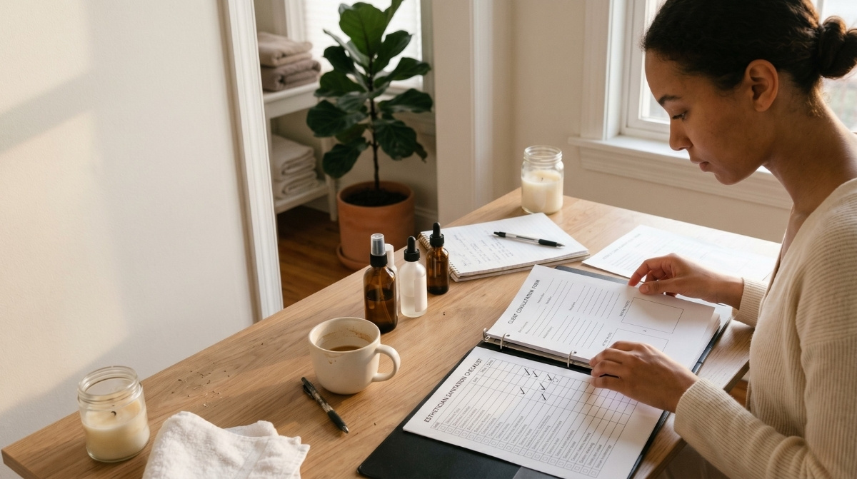 A student esthetician organizes a career portfolio and sanitation checklist on a wooden desk beside skincare bottles and a coffee mug.