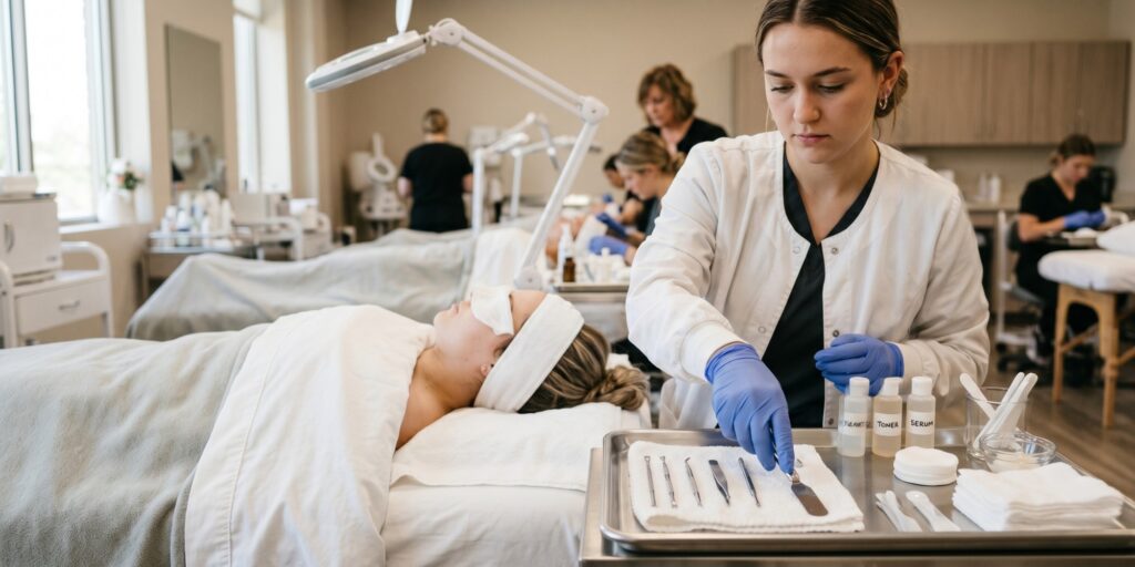 A student esthetician wearing blue gloves prepares a professional skincare tray with labeled bottles and metal tools in a bright classroom clinic.