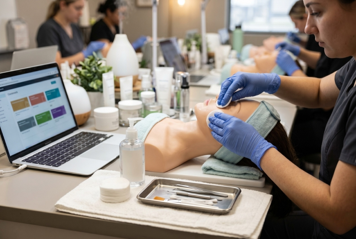 An esthetician student in blue gloves performs a facial treatment on a training mannequin head next to a laptop and professional tools.