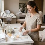 A focused esthetician student in a neutral uniform organizes skincare bowls and professional tools on a clean counter next to a white treatment chair in a bright classroom.