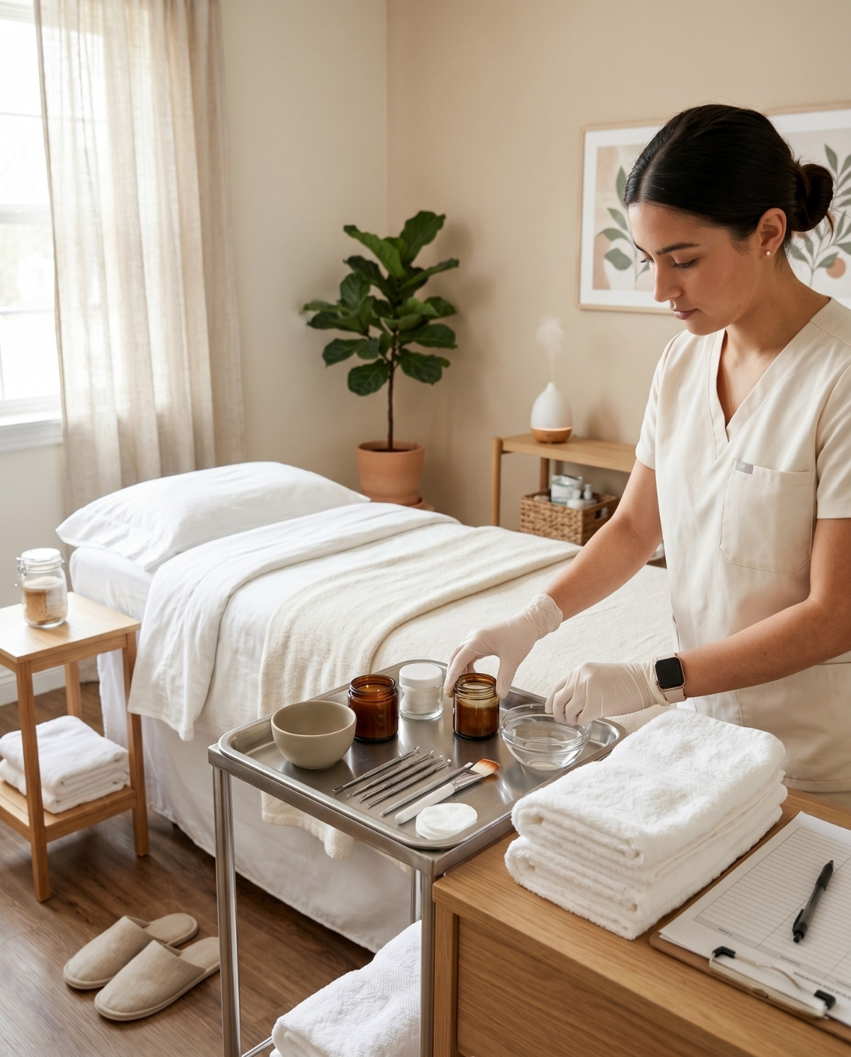 A student esthetician wearing gloves organizes skincare tools and folded white towels on a professional station next to a facial bed.