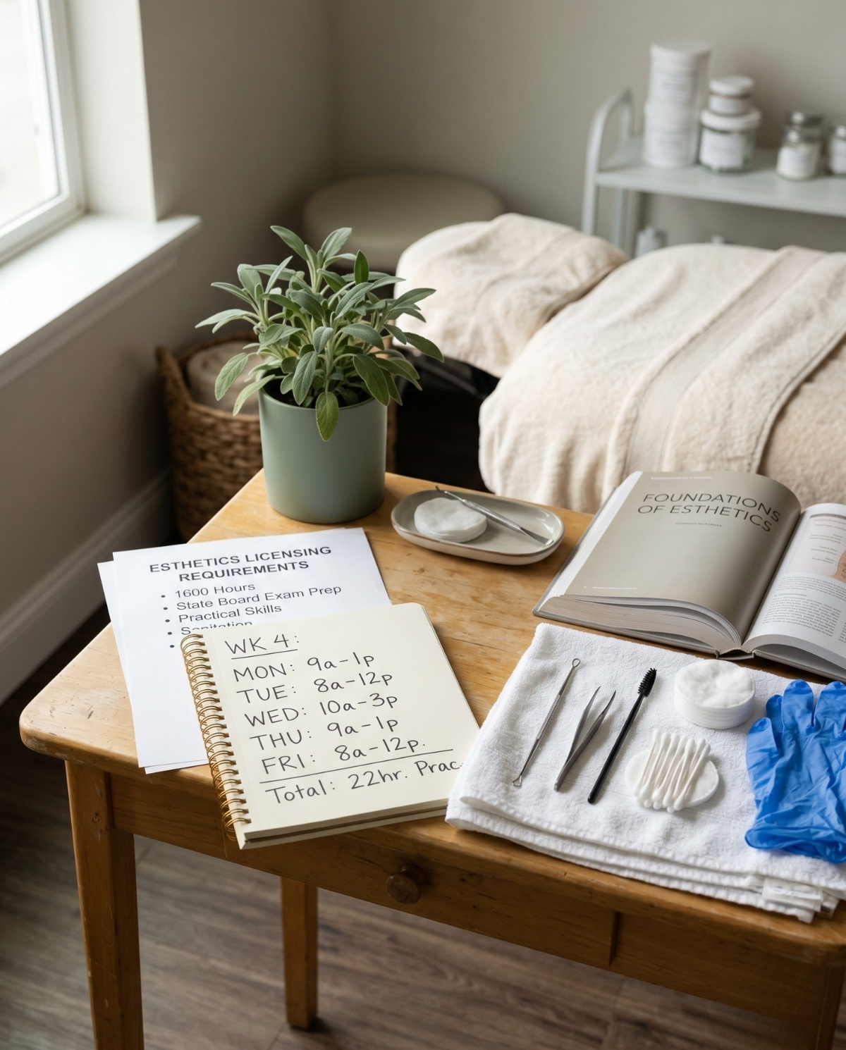 A wooden desk holds a notebook with handwritten practice hours, licensing requirements, an open textbook, and professional skincare tools laid out on a white towel.