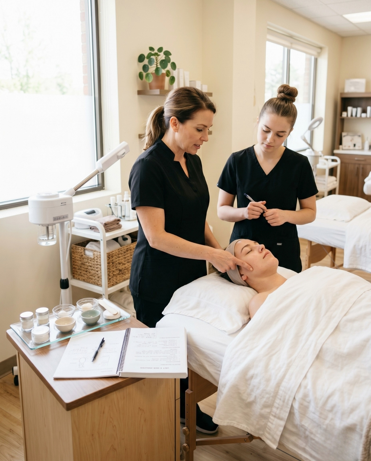 A skincare instructor points to a client's cheek while teaching a student esthetician during a skin analysis demonstration.