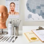 A split image showing esthetician practical training tools like a mannequin head and professional metal facial instruments on the left, and written state board exam study guides, a US map, and a generic licensing certificate on the right.
