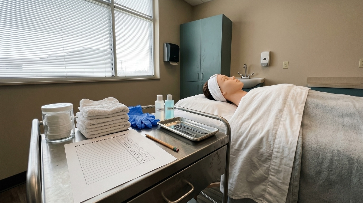 A metal treatment cart holding a skills checklist, towels, and skincare tools stands in an esthetics training room with a mannequin on a treatment bed.