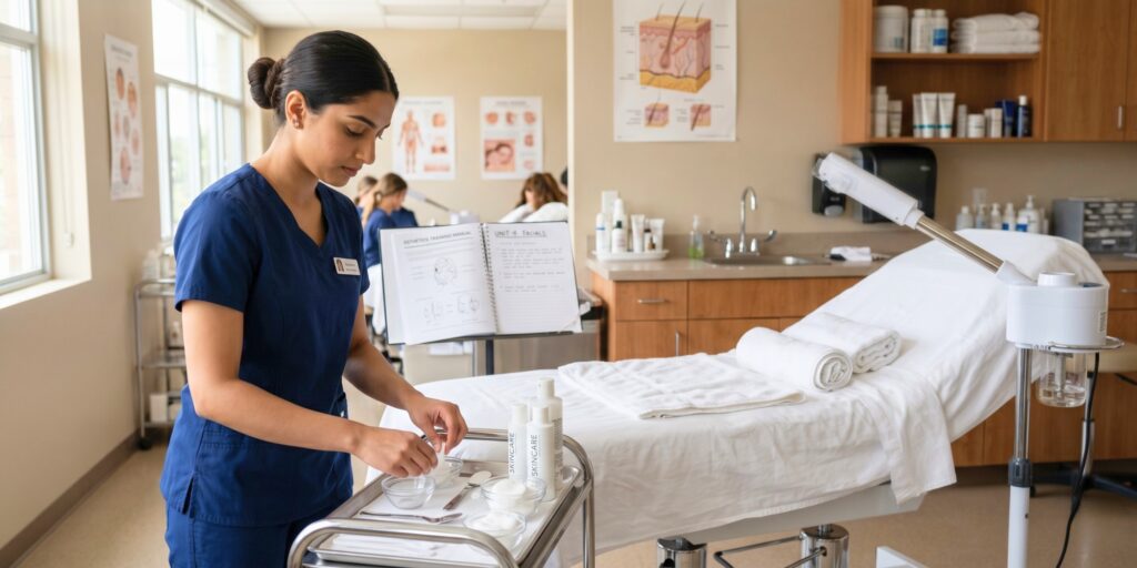 An esthetics student in a blue uniform prepares facial tools on a tray beside a professional treatment bed in a brightly lit classroom.