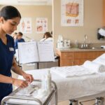 An esthetics student in a blue uniform prepares facial tools on a tray beside a professional treatment bed in a brightly lit classroom.
