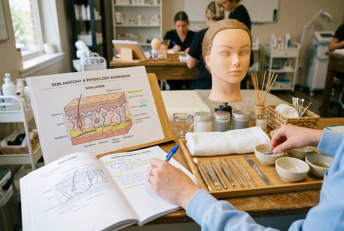 A student's hands arrange facial tools and take notes beside an open skin anatomy workbook and a mannequin head in a bright classroom clinic.