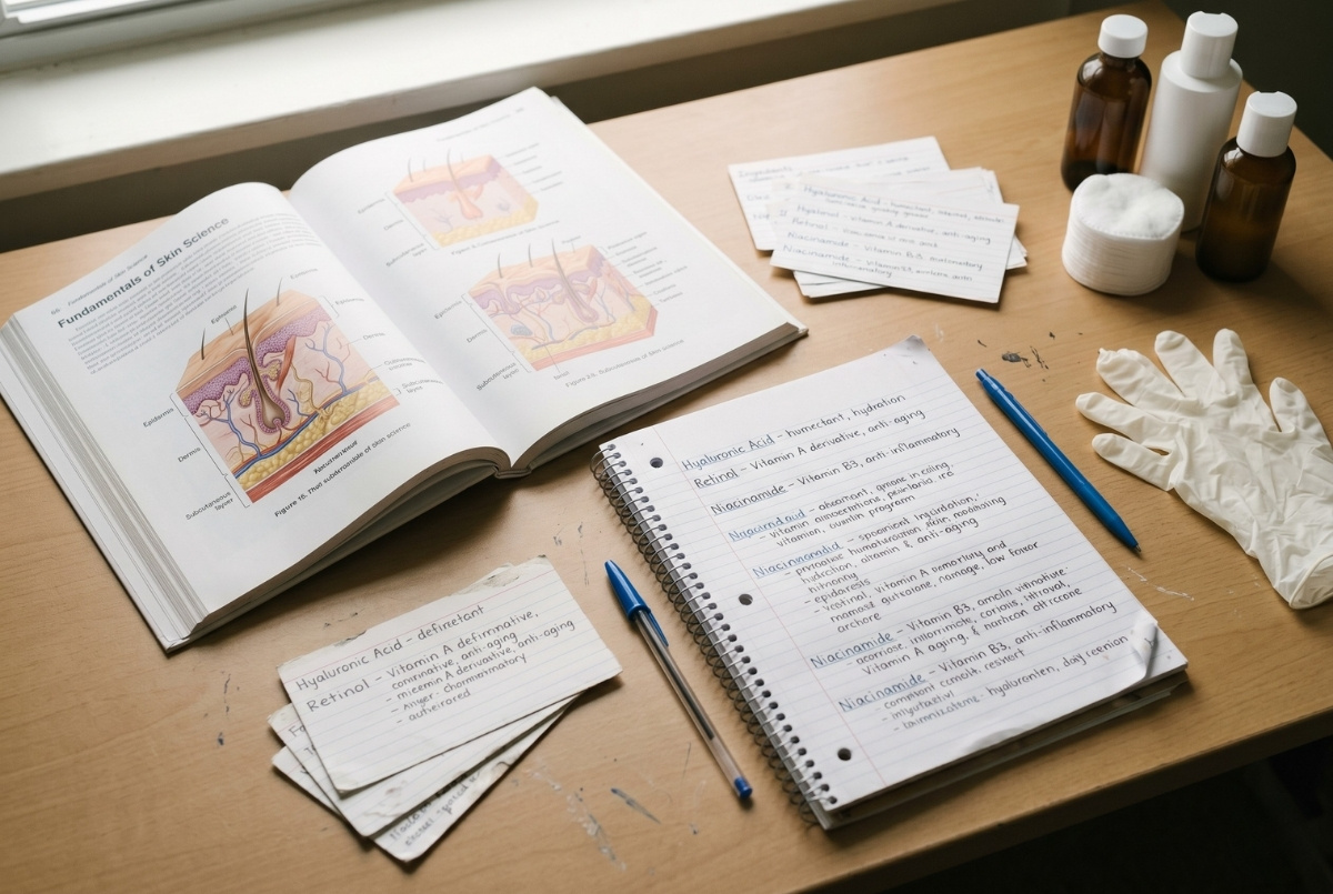 An open textbook showing skin anatomy diagrams sits next to handwritten notes, skincare flashcards, and protective gloves on a wooden desk.