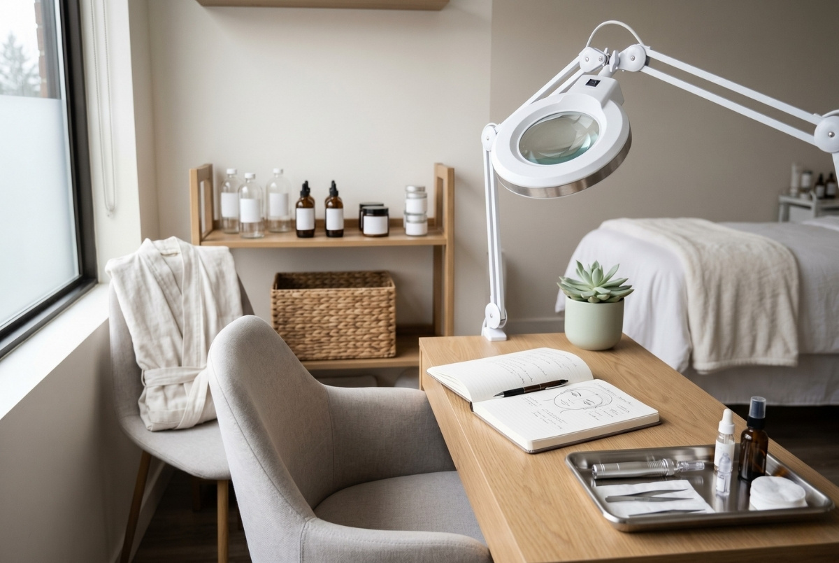 A detailed interior photograph of a modern beauty clinic treatment room. A wooden consultation desk holds a magnifying lamp, an open notebook with a facial diagram, a pen, steel tools, and glass bottles. Two grey chairs are at the desk, one with a robe. In the background, a shelving unit with more products and a treatment bed are visible near a large window.