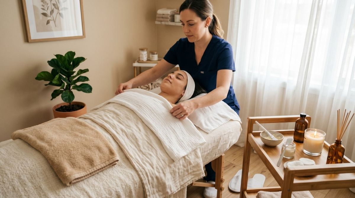 A licensed esthetician in blue scrubs adjusts linens on a client resting on a treatment bed in a bright, warm spa room.