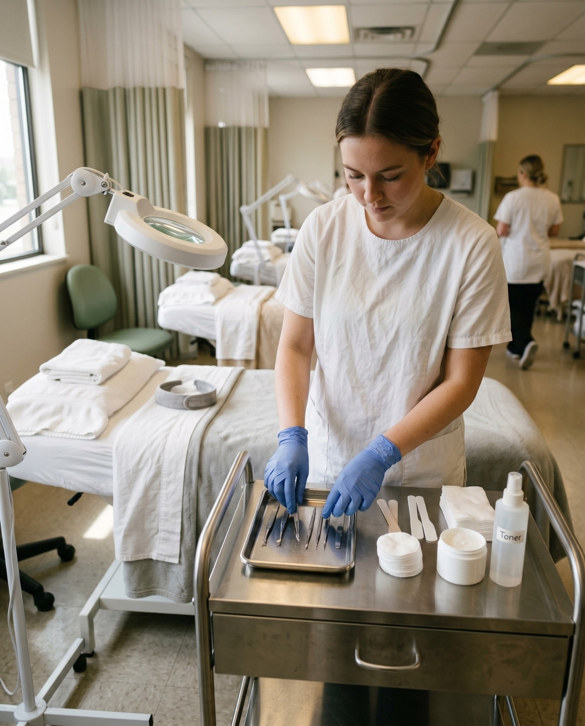 A student esthetician wearing a white smock and blue gloves organizes skincare tools on a metal tray in a training clinic.