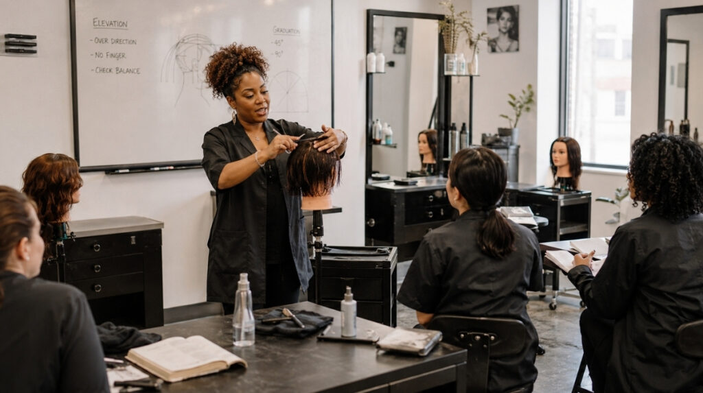 Beauty instructor demonstrating haircutting technique on a mannequin head while adult students observe and take notes in a professional cosmetology training classroom.