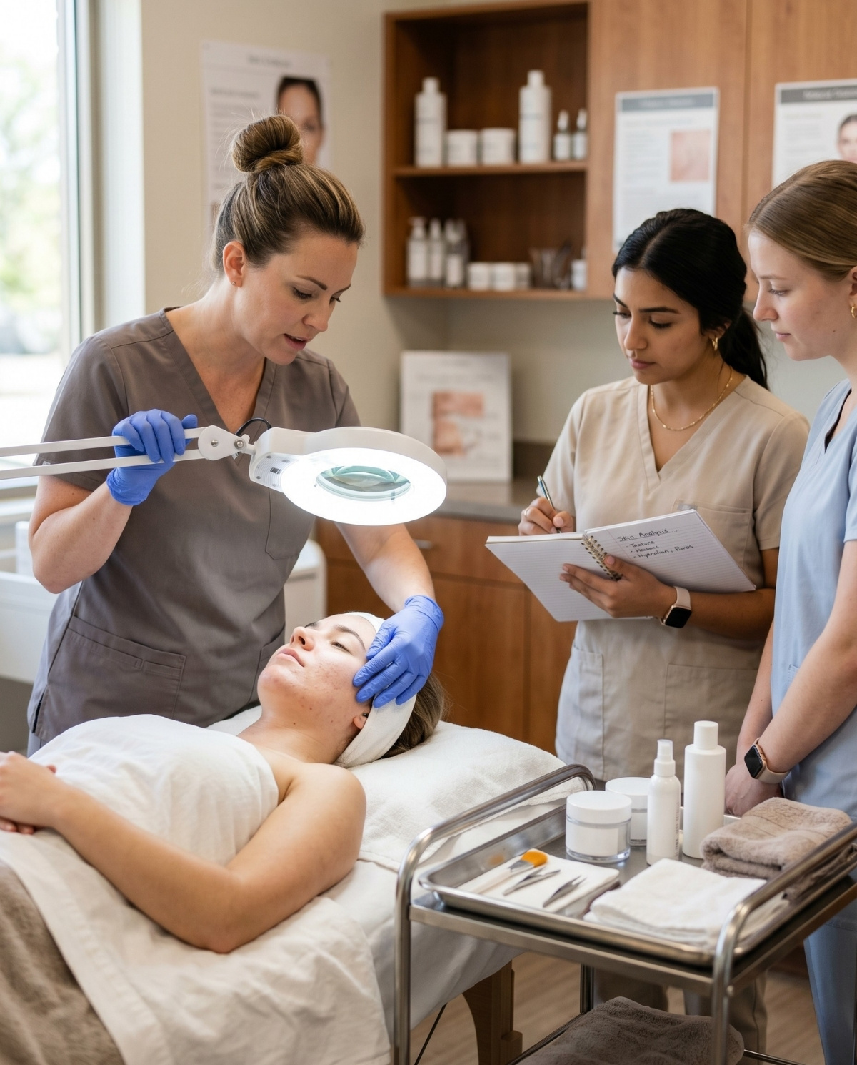 A medical aesthetics instructor in grey scrubs and blue gloves uses a large, lit magnifying lamp to examine a person's facial skin on a treatment bed. Two students in tan scrubs observe and take notes in a professional classroom setting.