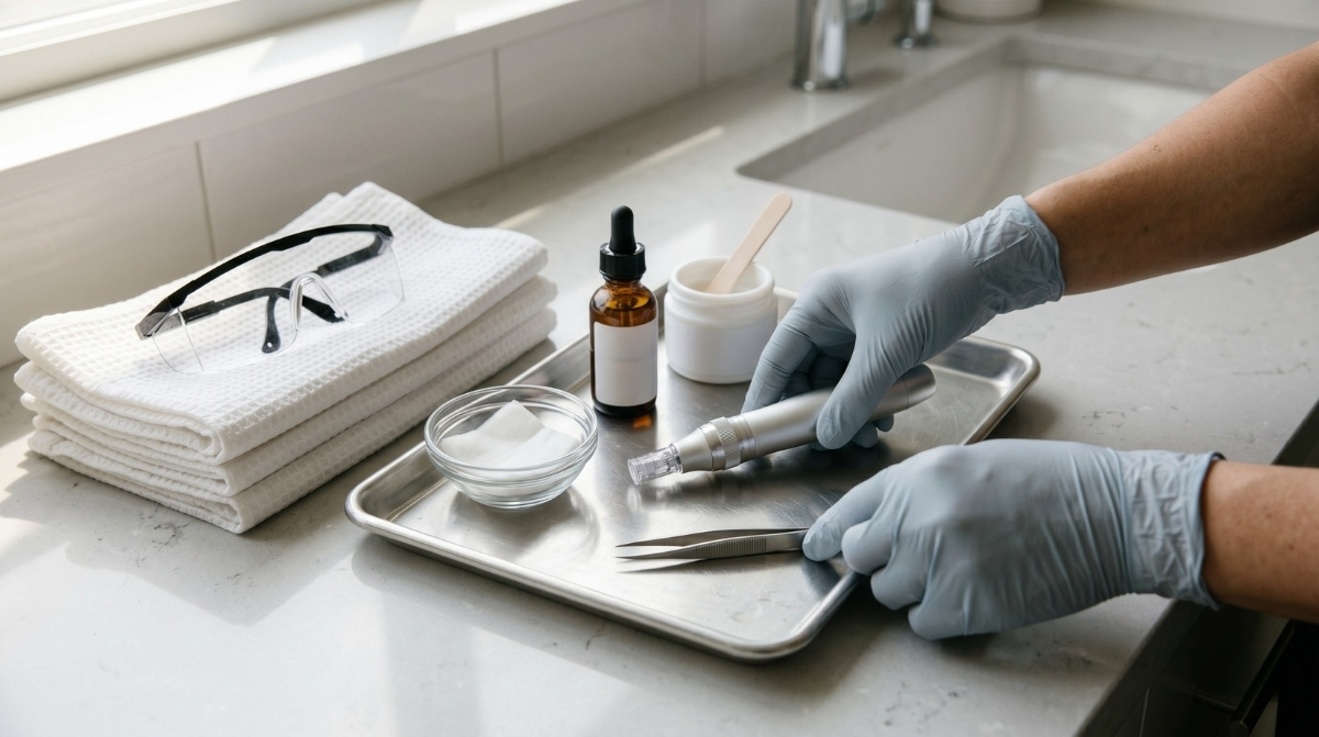 A focused esthetician in grey scrubs and gloves examines a client's cheek under a bright magnifying lamp in a clean clinical treatment room.