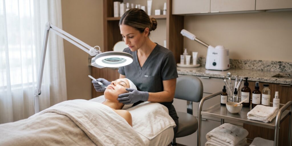 A focused professional esthetician in grey scrubs and gloves examines a client's face under a magnifying lamp in a modern treatment room.