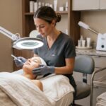 A focused professional esthetician in grey scrubs and gloves examines a client's face under a magnifying lamp in a modern treatment room.