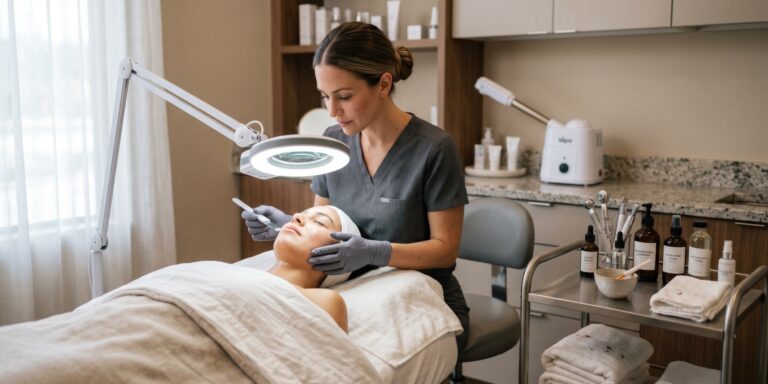 A focused professional esthetician in grey scrubs and gloves examines a client's face under a magnifying lamp in a modern treatment room.
