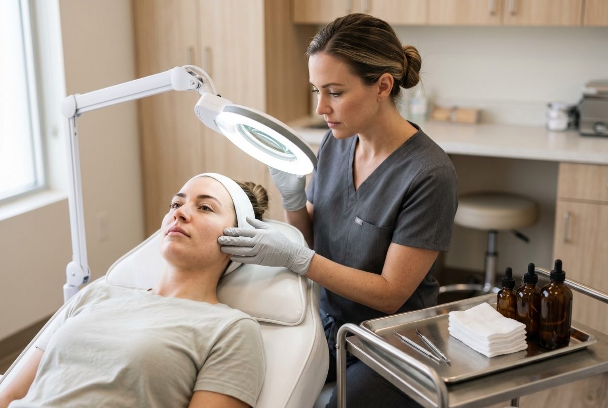 A close-up of a skincare professional’s gloved hands arranging a handheld esthetics device and precision tools on a clean stainless steel tray.