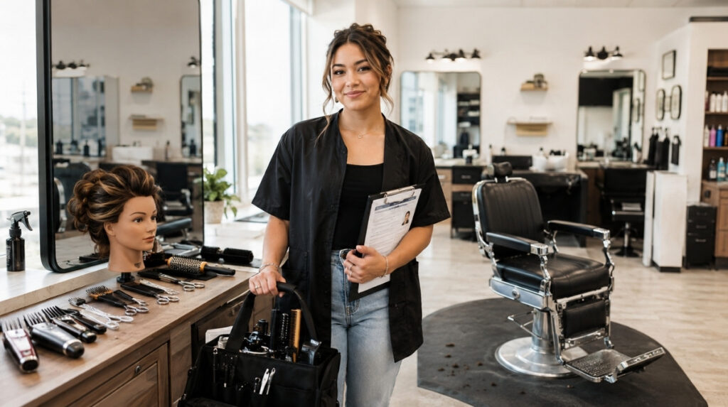 New beauty and barber graduate standing in a training salon with a packed kit, resume folder, license paperwork, clippers, shears, combs, and a mannequin head.