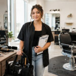 New beauty and barber graduate standing in a training salon with a packed kit, resume folder, license paperwork, clippers, shears, combs, and a mannequin head.