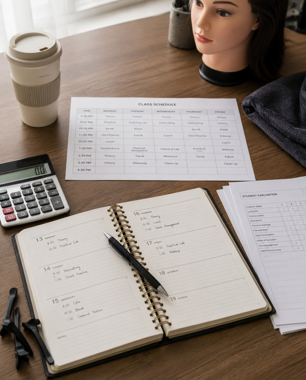 Beauty instructor workspace with class schedule, planner, calculator, student evaluation forms, mannequin head, salon towel, and teaching materials on a wooden desk.