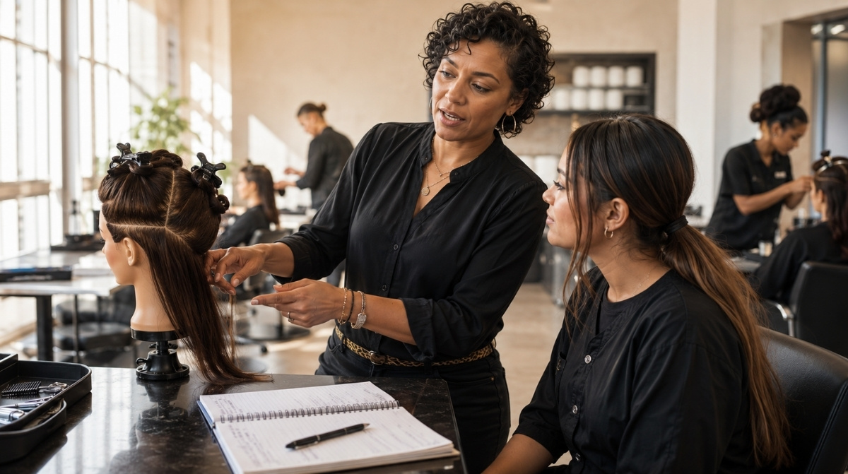 Beauty instructor candidate presenting a classroom demonstration with a mannequin head, clipboard lesson plan, timer, and students taking notes in a cosmetology training room.