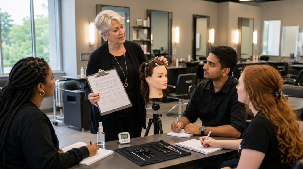 Experienced beauty instructor teaching a cosmetology student beside a mannequin head in a modern beauty school classroom, with sectioned hair, salon tools, and lesson notes on the workstation.
