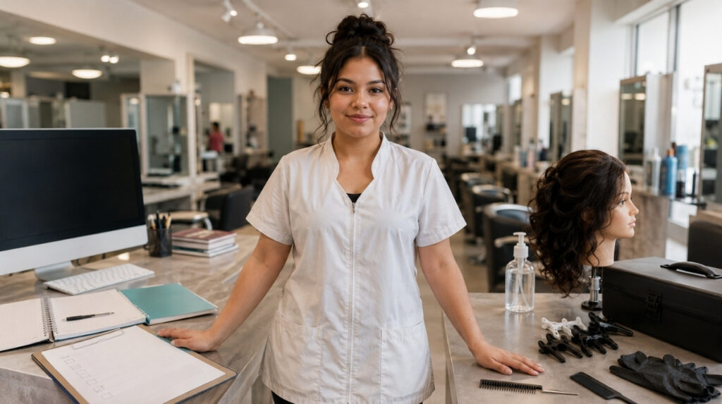 Beauty school student standing in a salon classroom between a computer study station, blank checklist sheets, mannequin head, practical kit, gloves, combs, and clips.