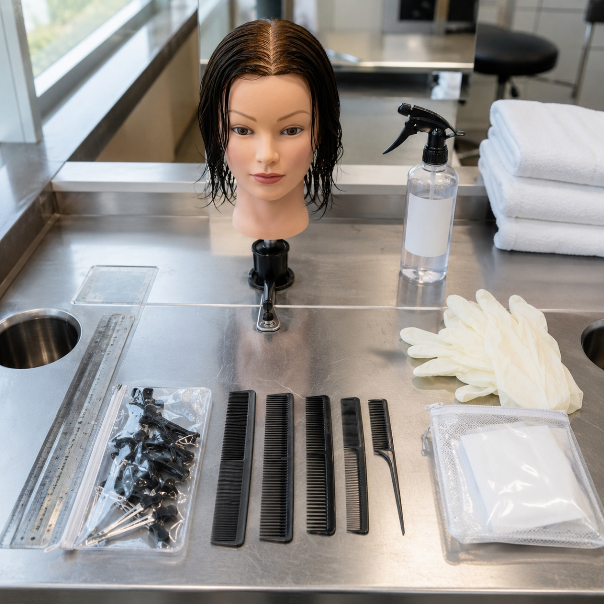 Practical cosmetology exam workstation with mannequin head, combs arranged by size, clips, gloves, towels, spray bottle, and sealed first aid pouch.