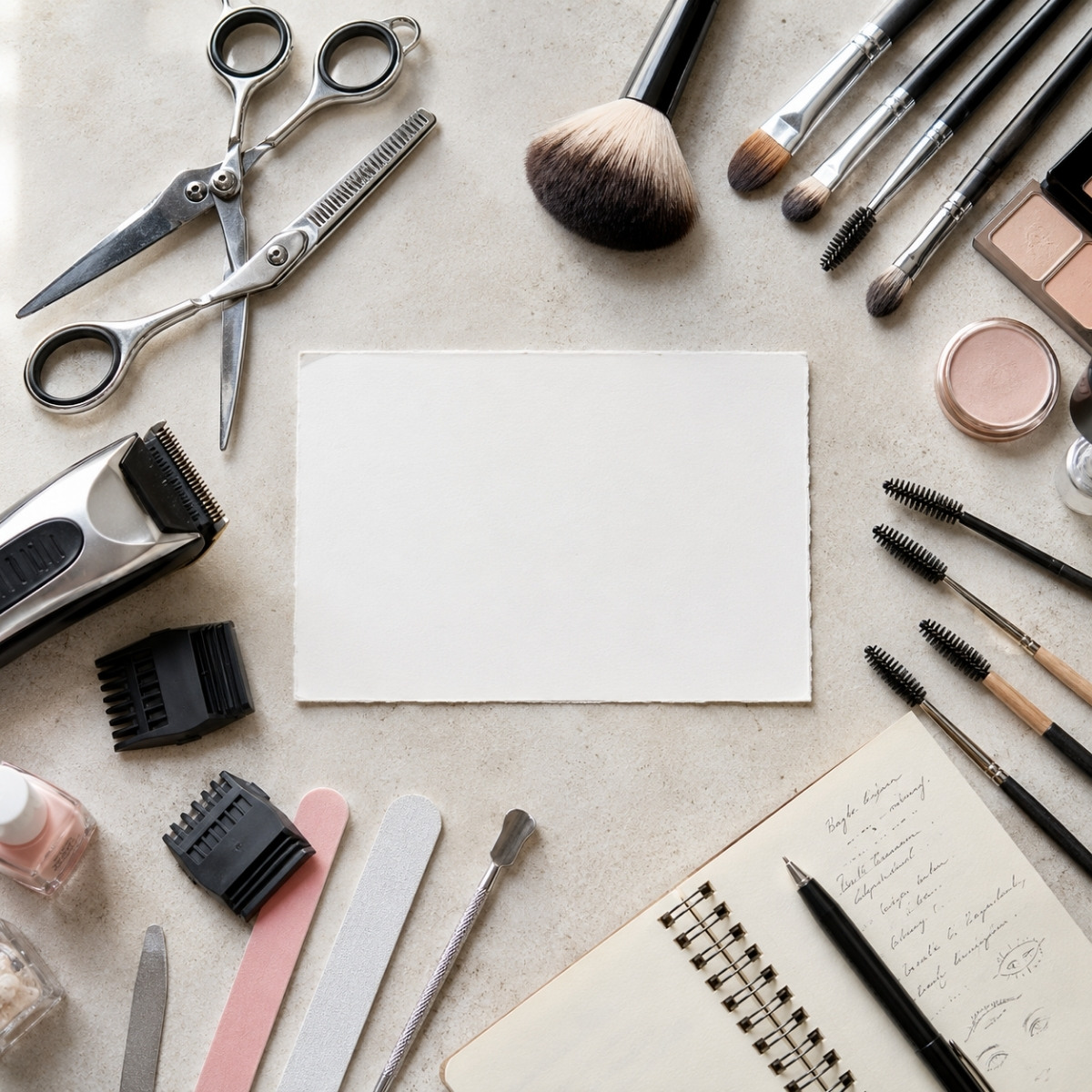 Flat lay of shears, clippers, makeup brushes, nail files, brow spoolies, blank portfolio card, and notebook on a neutral salon counter.