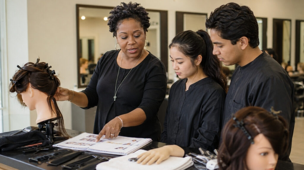 Beauty instructor guiding two cosmetology students during a hands-on classroom lesson with mannequin heads, combs, sectioning clips, lesson notes, and salon training tools.