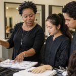 Beauty instructor guiding two cosmetology students during a hands-on classroom lesson with mannequin heads, combs, sectioning clips, lesson notes, and salon training tools.
