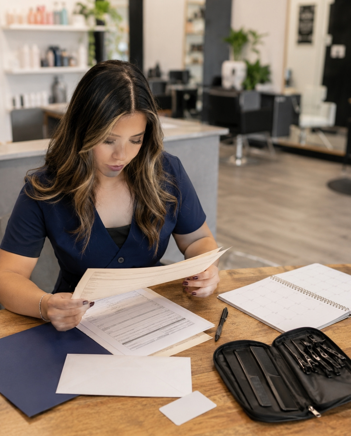 Cosmetology graduate reviewing unreadable license application forms at a salon reception desk with a blank envelope, calendar, pen, and organized comb kit nearby.