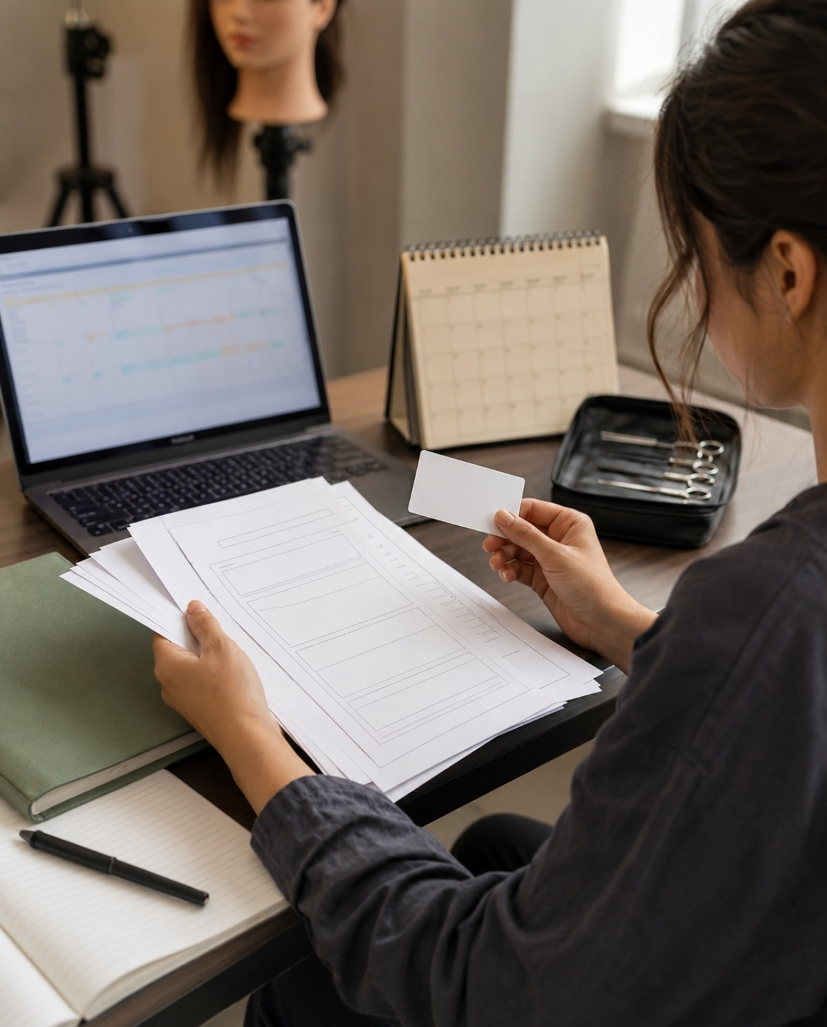 Cosmetology student reviewing blank approval paperwork, calendar, laptop scheduling screen, fee card, practical kit, and mannequin stand before selecting an exam date.