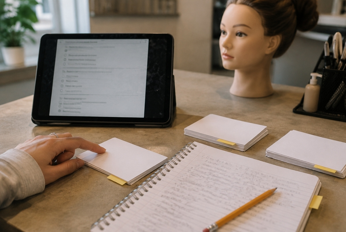 Cosmetology written exam study table with a tablet, blank flashcards, notebook notes, pencil, and mannequin head softly blurred in the background.